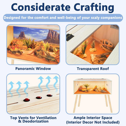 Prolee Reptile Terrarium, Lizard Tank Up to 68 Gallons, Bearded Dragon Tank with Roof Door, Snake Tank with Built-in Lamp Fixture and Switch, with Leg Stand (Oak, 68 Gallons, 48" Length)