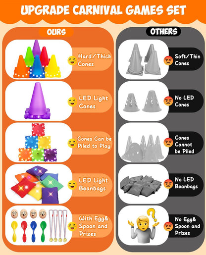 Eocolz 49PCS Carnival Games Outdoor Combo Set for Kids with LED Light, Plastic Cones Obstacle Course Bean Bags Balls Ring Toss Game Egg and Spoon Race Lawn Game, Gift for Birthday Party/Xmas/Easter