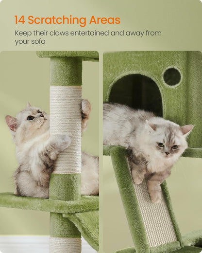 Feandrea Cat Tree, 81.1-Inch Large Cat Tower with 13 Scratching Posts, 2 Perches, 2 Caves, Basket, Hammock, Pompoms, Multi-Level Plush Cat Condo for Indoor Cats, Green UPCT190C01