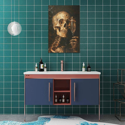Quorin Gothic Skeleton Wall Art Goth Skull Champagne Wall Decor Dark Academia Pictures Horror Canvas Print Painting Artwork for Bathroom Living Room Bedroom 16"x24"