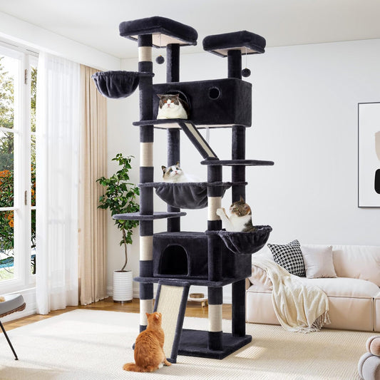 Allewie 81 Inches Tall Cat Tree/Multi-Level Large Climbing Tree House and Towers for Big Feline/Condo and Hammock/Scratching Post/Wide Base/Dark Grey