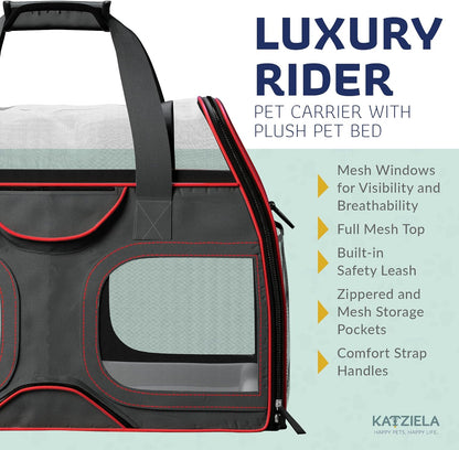 Katziela Pet Carrier - Airline Compliant - TSA Approved Pet Carrier for Small Dogs and Cats - Soft FAA Travel Airplane Dog Carrier Luggage (Black/Red)
