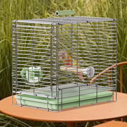 Bird Carrier Travel Cage - 304 Stainless Steel Portable Folding Bird Travel Cage with Parrot Feeder Cups & Standing Perch for Smaller Birds Conures Lovebird Cockatiel Parakeets (Green)