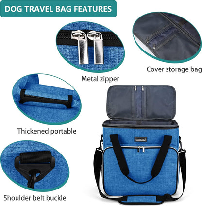 BAGLHER Dog Travel Bag, Pet Travel Bag (ALL Pet Travel Supplies), With 2 Pet Food Containers and 2 Collapsible Silicone Bowls; Essential Kits for Pet Travel Blue