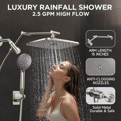 Veken Wide Rain Shower Head with 6 Modes Handheld Water Spray,High Pressure Showerhead Combo with Arm,Adjustable Dual Shower with Anti-Clog Nozzles, Brushed Nickel