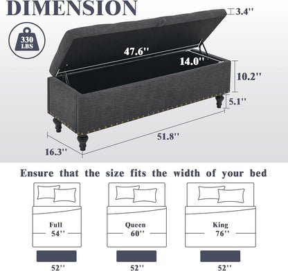 Mangodan51” Linen End of Bed Storage Bench, Tufetd Upholstered Storage Ottoman Bench with Safety Hinge, 330 lb Large Ottoman with Storages for Living Room, Entryway & Bedroom, Window Benches, Grey