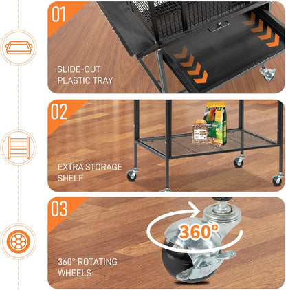 VINGLI 65-Inch Wrought Iron Bird Cage with Playtop | Durable Large Flight Cage with Ladder & Rolling Stand for Parrots, Cockatiels, Budgies, Lovebirds, Small/Medium Birds