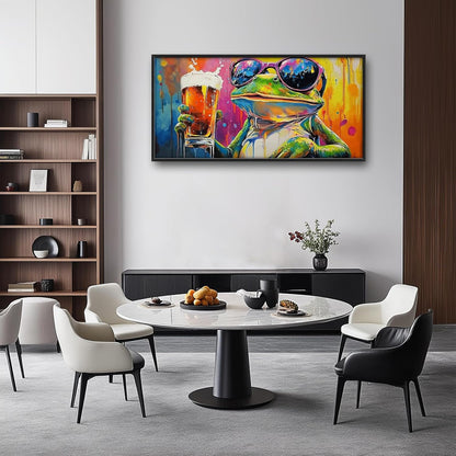 Large Graffiti Frog Wall Art for Living Room, Framed Oversized Funny Frog Beer Wall Decor Colorful Animal Canvas Painting Modern Artwork for Bathroom Bedroom Office Dining Room 60"x30"