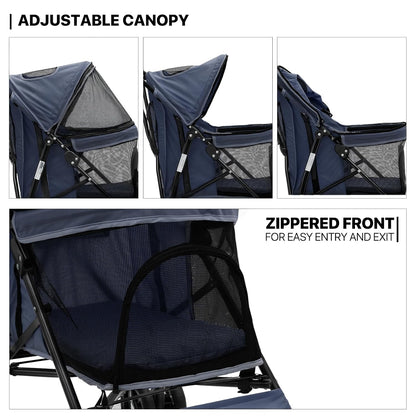 MoNiBloom 4 Wheels Pet Stroller, Easy-Fold Puppy Cage Jogger Stroller with Sun Cover, Pad and Rear Storage Bag, Breathable and Visible Mesh for Small/Medium Pets up to 22 lbs, Navy Blue