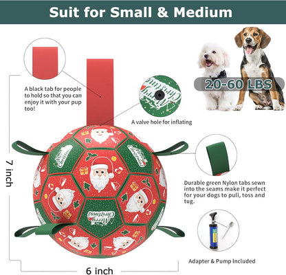QDAN Christmas Dog Balls with Straps, Soccer Ball for Dogs for Small Medium Pet, Interactive Rope Toys, Puppy Birthday Gifts (6 Inch)