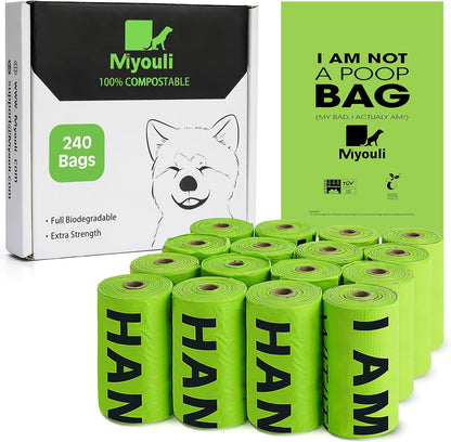 Certified Compostable Poop Bags for Dogs, 240 Poop Bags (16 Rolls), Landfill Friendly, Leak Proof Unscented Easy Open Poop Waste Bag（Green）