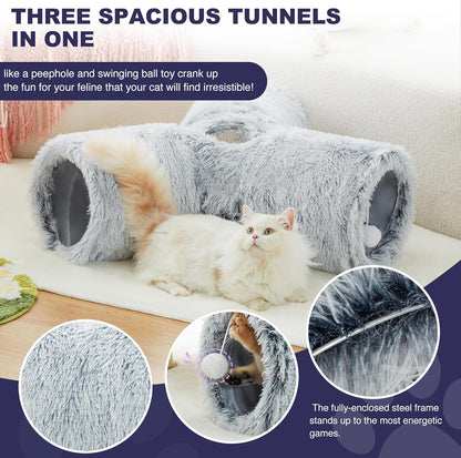 Tempcore Plush Pet Cat Tunnel Tube Cat Toys 3 Way Collapsible, Tunnels for Indoor Cats，Kitty Tunnel Bored Pet Toys Peek Hole Toy Ball Puppy, Kitty, Kitten, Rabbit Light Grey