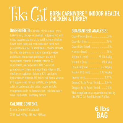 Tiki Cat Born Carnivore Indoor Health Dry Cat Food, Chicken & Turkey Meal, 6 lbs. Bag