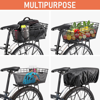 Rear Bike Basket - Large Bicycle Rear Basket with Cargo Net and Waterproof Cover, Wire Bike Baskets Rear Large Capacity (NO Bike Rack Include)