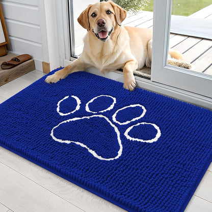 OLANLY Door Mat for Muddy Dog Paws 36x24, Ultra Absorbent Chenille Mud Doormat with Paw Print Design, Non-Slip Washable Doormat for Indoor Entryway, Quick-Dry Pet Bed Mats for Dirty Dogs, Royal Blue