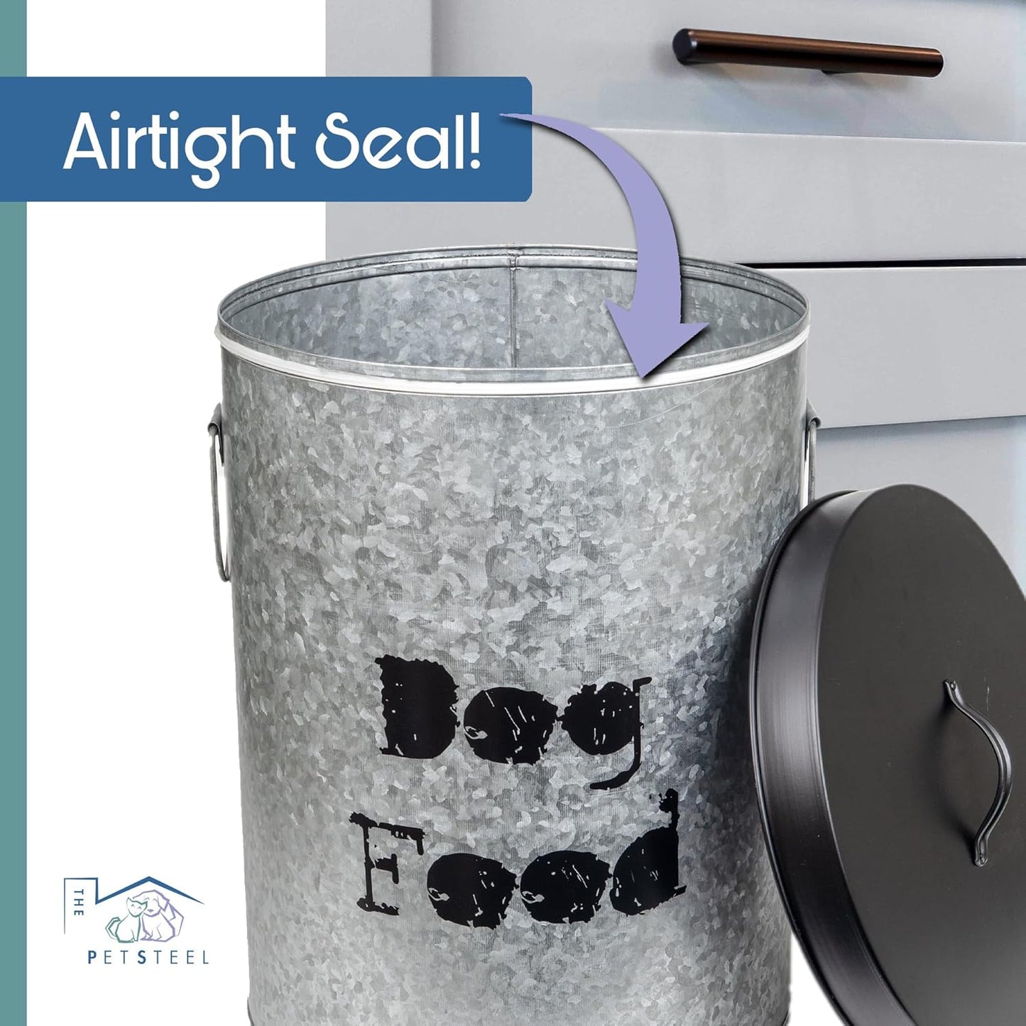 Small Dog 20lb Pet Food Storage Canister Dog Bin with Scoop – Durable & Airtight for Freshnesss, Minimalist Design & Recyclable, Small Metal Container for Kitchen Countertop