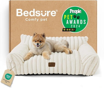 Bedsure Cute Cat Couch for Pets - Fluffy Dog Bed Medium Size Dog with Premium Soft Corduroy Fleece, Pet Sofa with Removable Washable Cover, Supportive Couch Bed for Small Medium Dogs, 30inch, Cream