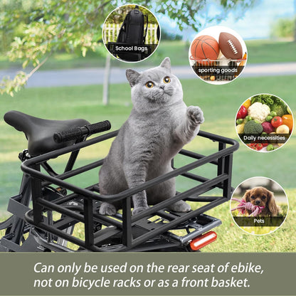 AWQM Large Ebike Basket, Waterproof Metal Electric Bicycle Basket, Quick Assemble Bike Accessories Rear Cargo Rack for Picnic, Pet, Sports