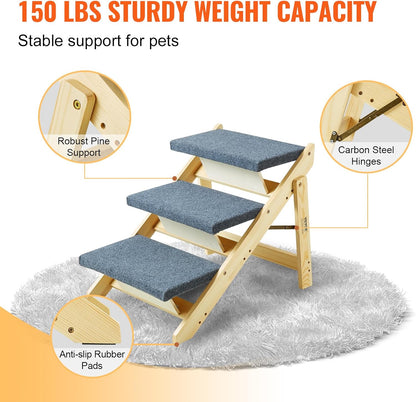 VEVOR Wood Pet Stairs/Pet Steps, 2-in-1 Foldable Wooden Dog Stair for Beds, Sofa and Cars, Dog Stairs & Ramp with 3 Steps for Small Medium Large Pet, up to 150 lbs