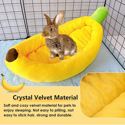Bunny Bed,Rabbit Bed,Thick&Soft with Removable Mat,Machine Washable Guinea Pig Cushion,Cozy Bunny Plush House,Warm Small Animal Sleeping Beds(Yellow Banana Shape-M)