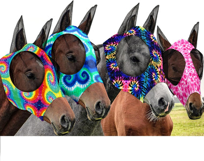 Frienda 4 Pieces Horse Fly Masks with Ears Face Covering UV Protection from Insect Pests Elasticity Smooth Comfortable Mesh Horse Mask Accessories(Tie-dye,Medium)