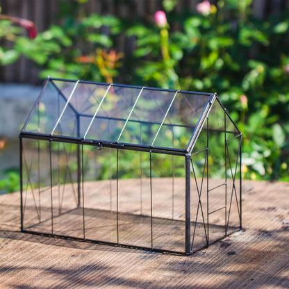 NCYP Geometric Glass Terrarium with Lid for Succulent, Small Cactus - Handmade Clear Closed House Shape Box - Home Indoor Tabletop Garden Decor, Black 9.4" x 5.5" x 7.3" (No Plants)