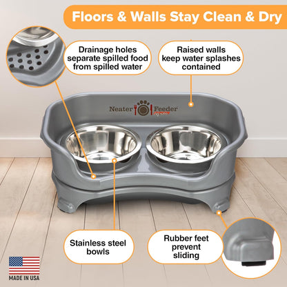 Neater Feeder Express Mess Proof Dog Bowls Elevated for Small Breeds Under 15 Lb, Made in USA, No Spill Raised Dog Food Bowl Stand, Stainless Steel Food and Water Bowl Set, Feeding Station, Grey