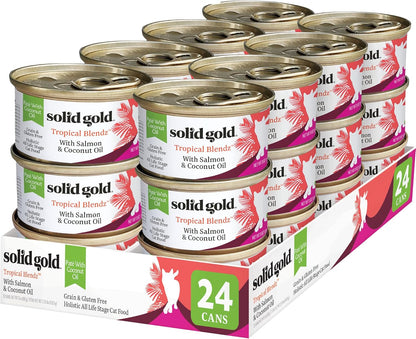 Solid Gold Wet Cat Food Pate in Coconut Oil - Healthy Canned Cat Food Pate w/Real Salmon, Omega Fatty Acids, Vitamins & Minerals - Grain Free & Gluten Free Canned Meals for Cats & Kittens - 24ct/3oz