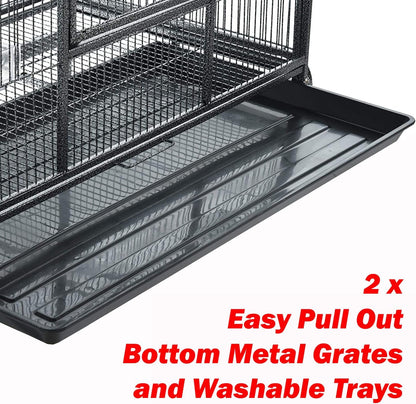 Large Double Stacker Breeding Flight Bird Wrought Iron Double Parrot Bird Separate Breeder Cages Side Nesting Box Doors Easy to Clean Bottom Grates and Trays Removable Rolling Stand