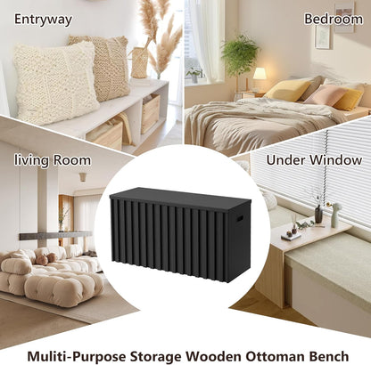 UEV Black Storage Bench Set of 2, 39.4" Fluted Wood Storage Trunk with 2 Safety Hinges, Sturdy Storage Chest, Storage Bench for Bedroom,Entryway, Living Room