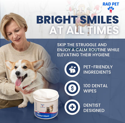 Rad Health Dog Dental Wipes - 100ct Pet Dental Finger Wipes, Easy No-Brush Teeth Cleaning, Removes Plaque & Tartar, Boosts Oral Hygiene, Freshens Breath, Gentle on Mouth, Strong on Build-Up