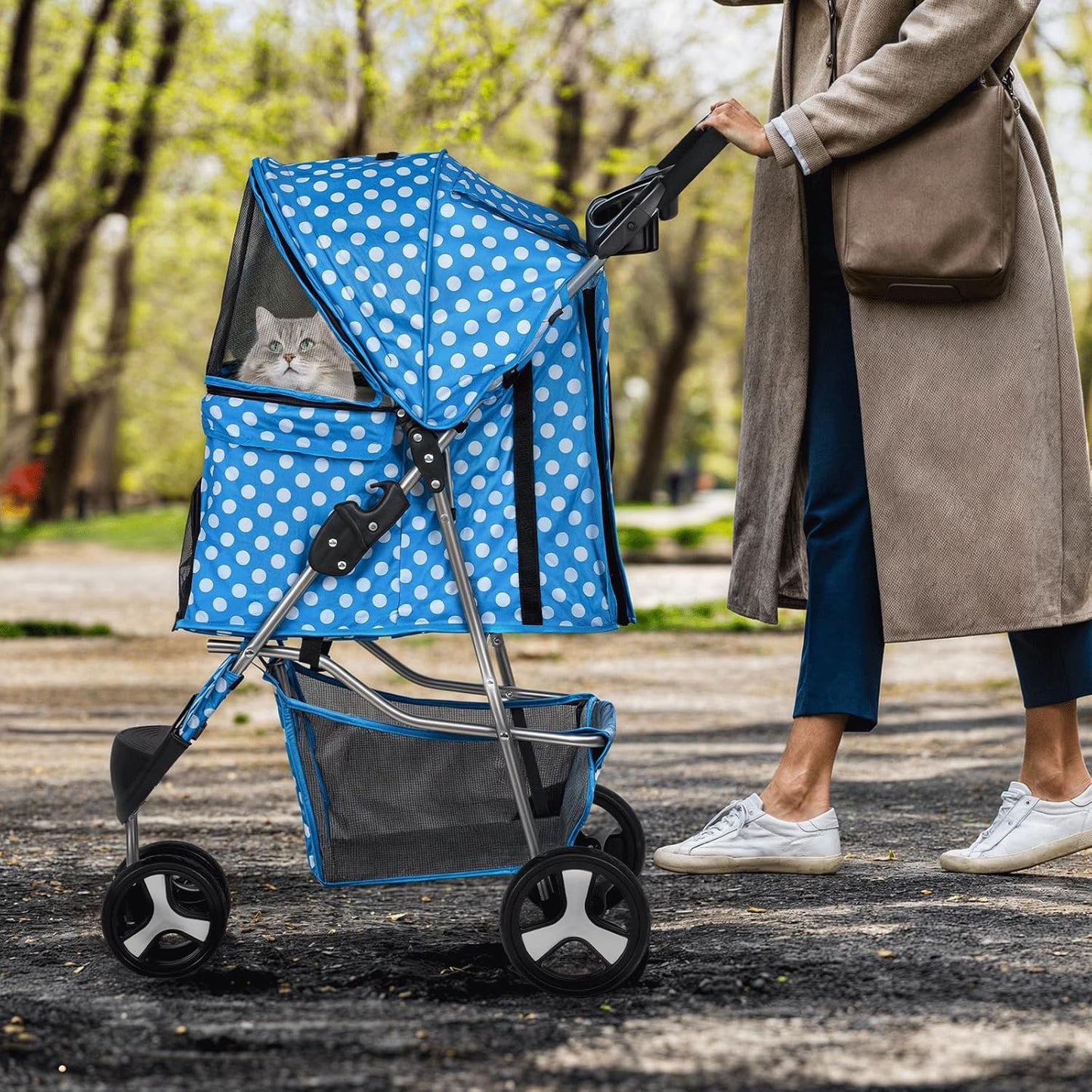 MoNiBloom 3 Wheels Pet Dog Cat Stroller for Small Medium Dogs Cats, Foldable Jogger Stroller w/Storage Basket and Cup Holder, Sky Blue Polka Dots
