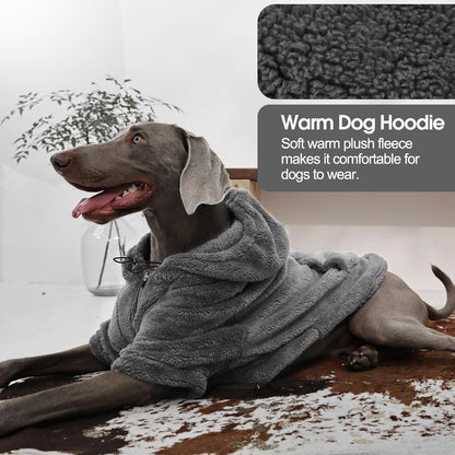 IDOMIK Fuzzy Dog Sweater with Adjustable Hood, Warm Fleece Dog Sweater Hoodie with Harness Hole & Pocket, Pullover Sweaters for Large Dogs, Fuzzy Hooded Sweatshirt for Fall Winter Christmas,Grey,XL