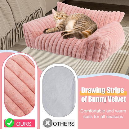 Cute Cat Couch Bed for Indoor Cats, Fluffy Pet Cat Sofa with Premium Soft Corduroy Fleece, Cute Small Dog Beds for Small Dogs, Fuzzy Puppy Chair with Removable Washable Cover (24x18x10,Pink)