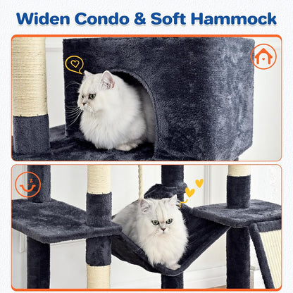 Cat Tree Tower 63in Multi-Level Cat Tower for Indoor Cats with Sisal Scratching Posts, Condo, Hammock, Dangling Ball and Extended Platform for Cats to Play, Dark Grey