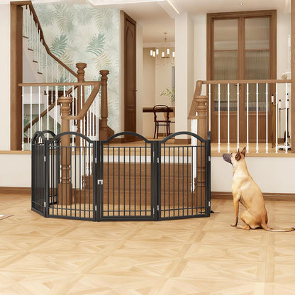 BHG Metal No-Assembly Freestanding Dog Gate with Door Walk Through, Extra Wide 144", Extra Tall 32" Pet Gate, Accordion Puppy Folding Playpen Dog Fence, with 2PCS Support (Black, 6 panesl)