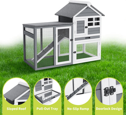 Rabbit Hutch 2-Tier, Small Wooden Chicken Coop for Outdoor Use - Weatherproof Small Animal Hutch with Non-Slip Ramp, 4 Access Doors & Removable Tray for Rabbits, Guinea Pigs, Ferrets (Indoor/Outdoor)