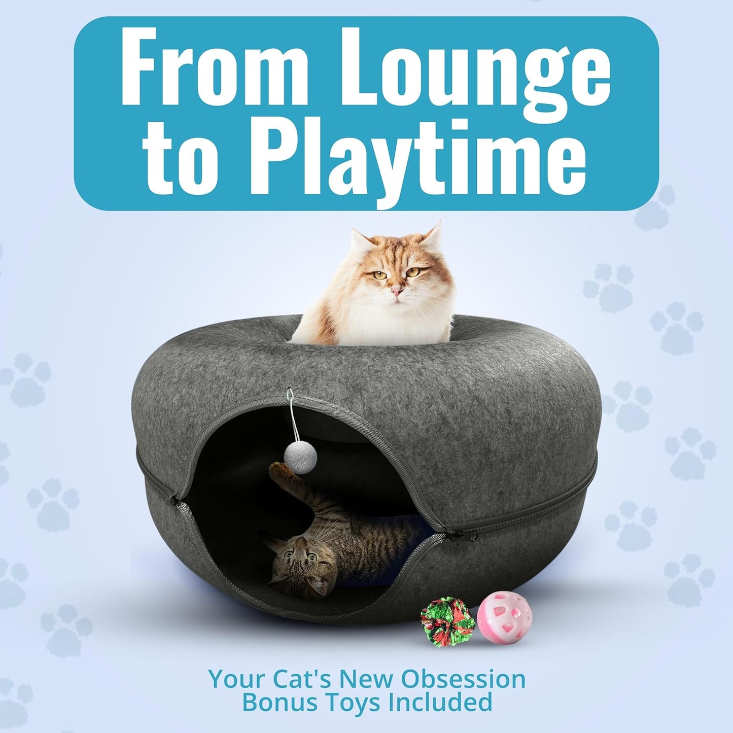 Okoco Cat Tunnel Bed for Indoor Cats Large, 24" Peekaboo Cat Cave Donut Bed for Pets up to 45lbs, 2-in-1 Round Tube with Hanging Ball Toy & Removable Machine Washable Parts (Dark Gray)