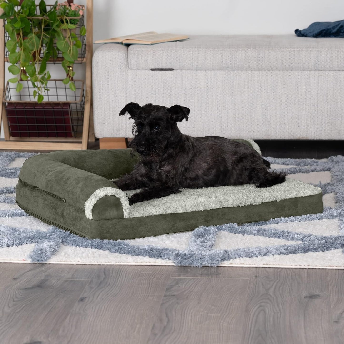 Furhaven Cooling Gel Dog Bed for Medium/Small Dogs w/ Removable Bolsters & Washable Cover, For Dogs Up to 35 lbs - Two-Tone Plush Faux Fur & Suede L Shaped Chaise - Dark Sage, Medium