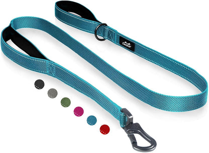 TwoEar 6FT 1IN Strong Blue Dog Leash with 2 Padded Handles, Traffic Handle Extra Control, Comfortable Soft Dual Handle, Auto Lock Hook, Reflective Walking Lead for Small Medium and Large Dogs