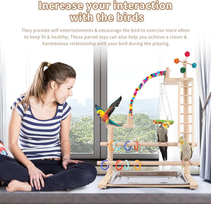 Bird Playground, Perch Stand Parrot Playstand Play Gym with 2 Perches Stand Windmill Toys, Playpen for Parakeet Conure Cockatiel Lovebird Budgie Caique, Exercise Playgym with feeding Cups