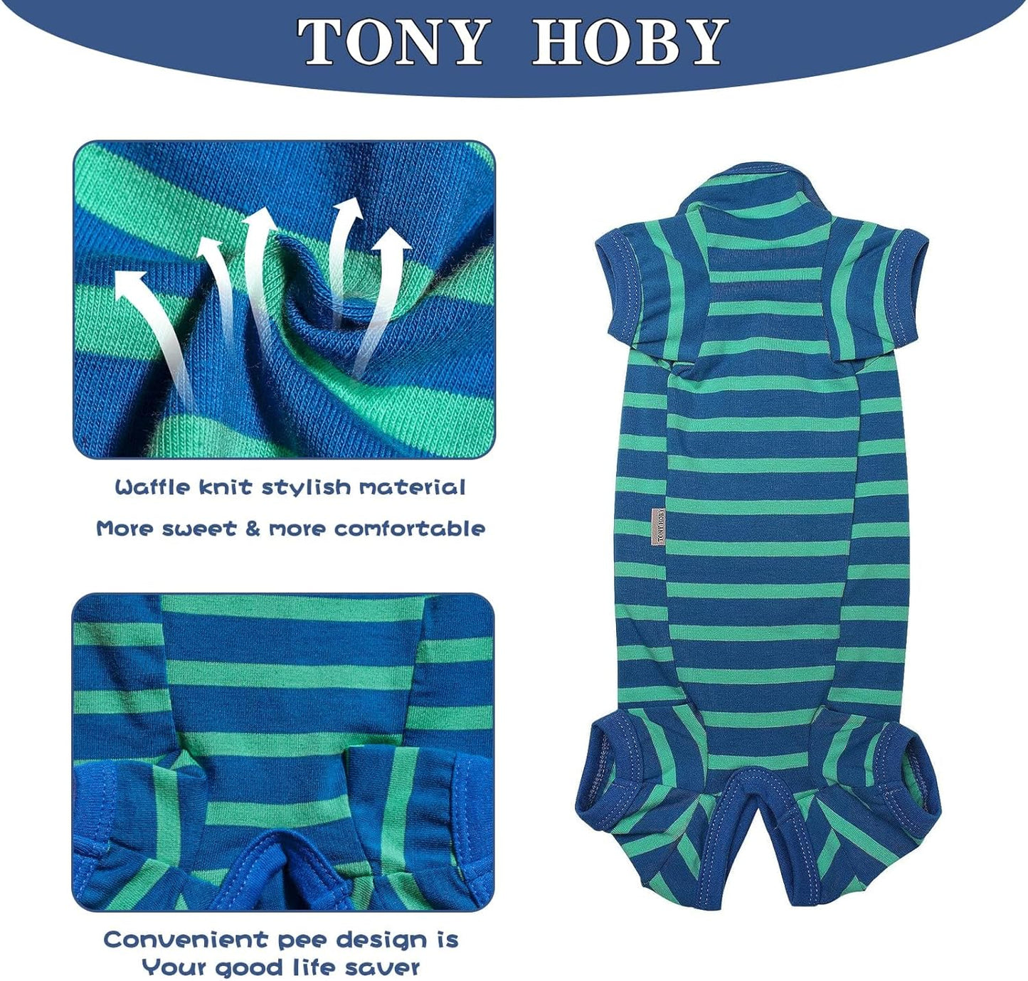 TONY HOBY Dog Pajamas for Medium Small Dogs, Dog Jumpsuit with Stripes 4 Legged Pajamas, Soft Dogs Pet Clothes (Blue&Green, Girl, L)