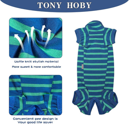 TONY HOBY Dog Pajamas for Medium Small Dogs, Dog Jumpsuit with Stripes 4 Legged Pajamas, Soft Dogs Pet Clothes (Blue&Green, Girl, S)