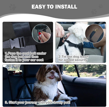 Dog Car Seat for Small Dogs, Large Leather Dog Car Bed with Storage Pocket, Waterproof PVC Leather Booster Seat Travel Bed for Front & Back Seat, Clip-On Safety Leash (Black/Brown)