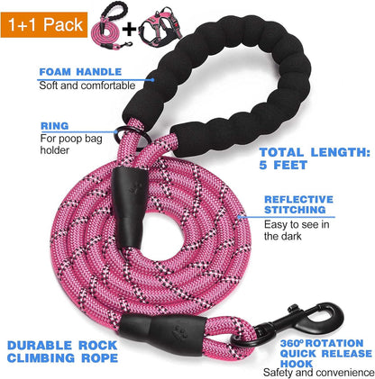 No Pull Dog Harness Adjustable Reflective Oxford Easy Control Medium Large Dog Harness with A Free Heavy Duty 5ft Dog Leash (M (Neck: 14.5"-20.5", Chest: 22"-28"), Pink Harness+Leash)