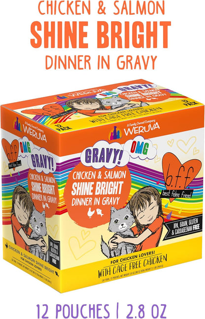 Weruva B.F.F. OMG - Best Feline Friend Oh My Gravy!, Chicken & Salmon Shine Bright with Chicken & Salmon in Gravy, 2.8oz Pouch (Pack of 12)