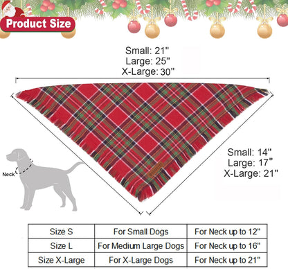 ADOGGYGO Christmas Dog Bandanas with Tassels Edges, Stylish Plaid Dog Christmas Scarf Bib, Multiple Sizes Offered, Plaid Bandanas for Medium Large Dogs (Large)