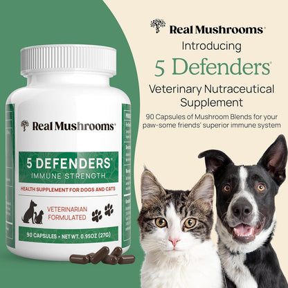 5 Defenders Mushroom Supplement for Cats & Dogs – Chaga, Shiitake, Reishi, Turkey Tail, Maitake – Cat Multivitamin & Dog Supplement for Wellness Support– 90 ct Real Mushrooms Powder Capsules
