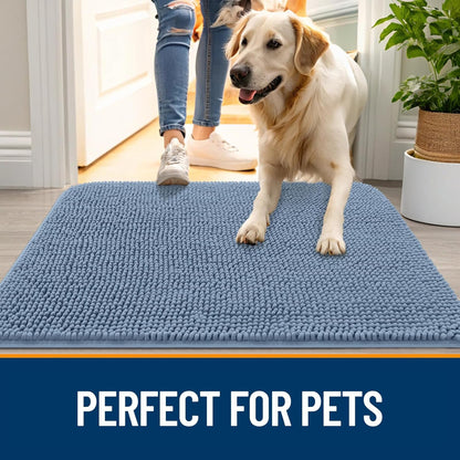 OLANLY Dog Door Mat for Muddy Paws 47x17, Absorbs Moisture and Dirt, Absorbent Non-Slip Washable Doormat, Quick Dry Chenille Mud Mat for Dogs, Entry Indoor Entryway Carpet for Inside Floor, Airy Blue