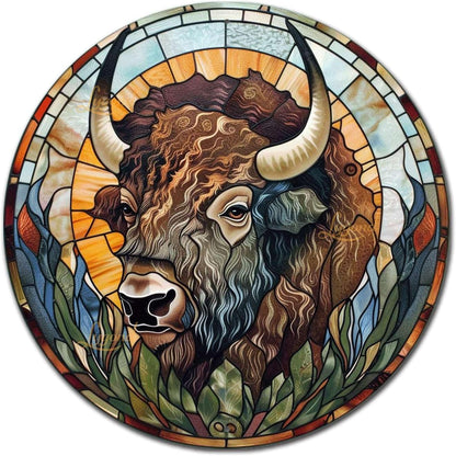Lygond Metal Sign Tin Sign Circular Stained Glass American Bison Metal Sign for Pet 8×8 Inches